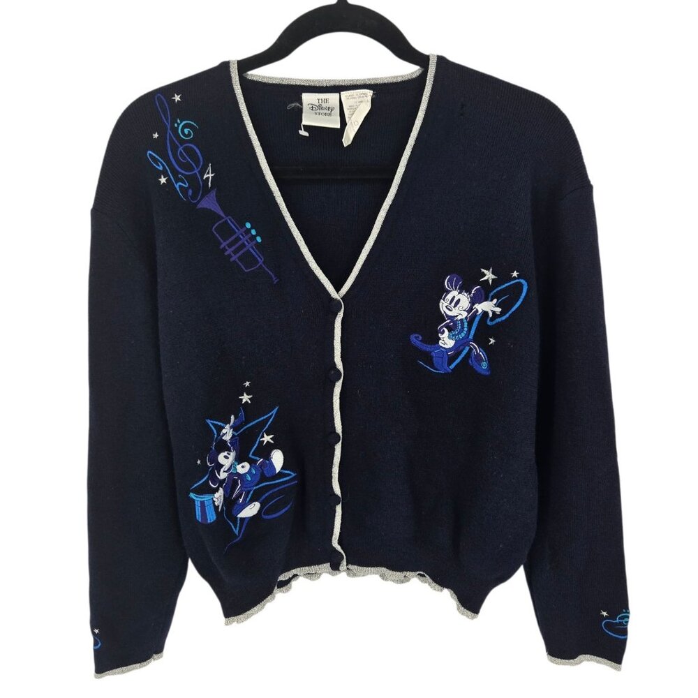 Disney store kids XL blue musical mickey minnie embroidered cardigan sweater VTG